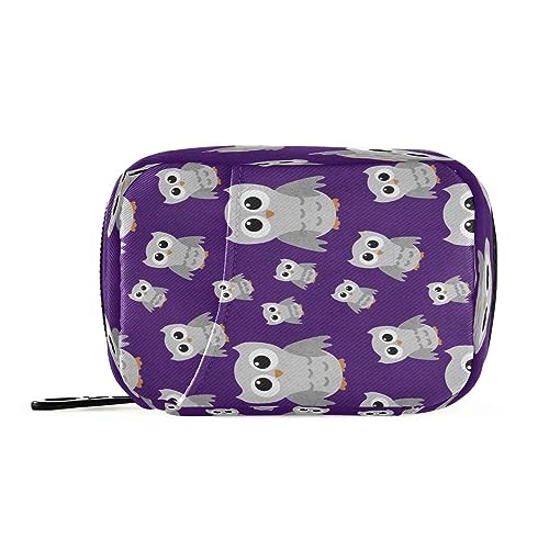 Takiito Purple Cartoon Owl Travel Pill Organizer Bag, Weekly Daily Pill Case Bag Portable Pill Box for Vitamin Supplement Medicine