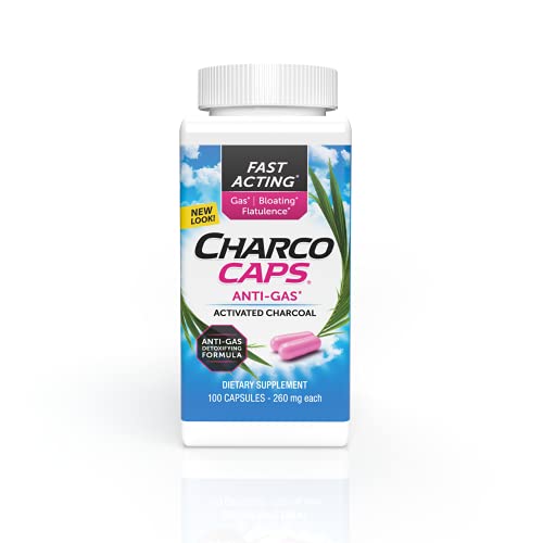 Charcocaps Fast Acting Gas Relief for Bloating & Flatulence, Drug Free Detoxifying Activated Charcoal Formula, 100 Capsules, 30 Day Supply, Pink