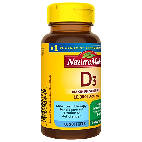 Nature Made Maximum Strength Vitamin D3 10000 IU (250 mcg), Dietary Supplement for Bone, Teeth, Muscle and Immune Health Support, 60 Softgels, 60 Day Supply