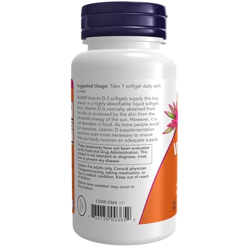 Vitamin D-3, High Potency, 1,000 IU, 180 Softgels, Now Foods