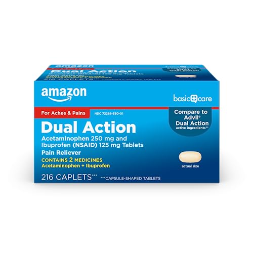 Amazon Basic Care Dual Action Acetaminophen 250 mg and Ibuprofen (NSAID) 125 mg Tablets, Pain Reliever for Headache Relief, Arthritis Pain Relief and More, 216 Count