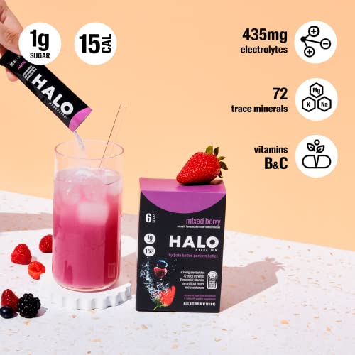 HALO Hydration Berry - Electrolyte Drink Powder Sachets - Dietary Supplement, Rich in Vitamin C & Zinc, Complete Hydration - Keto, Vegan & Low Calorie - 24 Servings