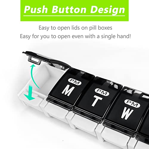 Weekly Pill Organizer 2 Times a Day - Remtise Am/Pm Daily Pill Case Medicine Organizer, Push Button 7 Day Pill Box for Pills/Vitamin/Cod Liver Oil/Supplements (Black & White)