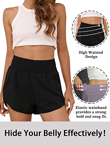 BMJL Women's Athletic Shorts High Waisted Running Shorts Pocket Sporty Shorts Gym Elastic Workout Shorts(M,Black)