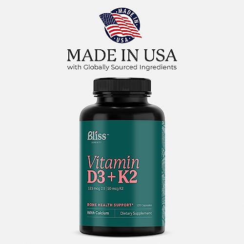 Bliss Serenity Vitamin D3 K2 - Vitamin D3 5000 IU with Vitamin K2 as MK-7, Calcium, and Phosphorus for Ultimate Absorption - Vitamin D Supplements, 120 Vegcaps, 120 Day Supply