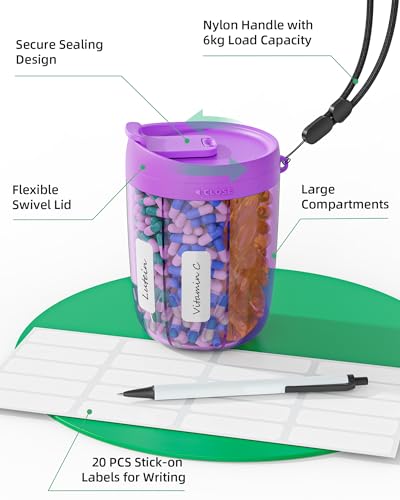 PULIV Large Supplement Organizer Bottle, Holds Plenty of Vitamins in 1 Monthly Pill Organizer Dispenser with Anti-Mixing & Wide Openings Design, Easy to Retrieve Meds, Includes 20 Pcs Labels, Purple