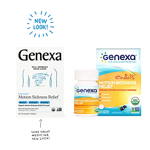 Genexa Motion Sickness Relief - 60 Chewable Tablets - Multi-Symptom Nausea Medicine - Certified Vegan, Organic, Gluten Free & Non-GMO - Homeopathic Remedies