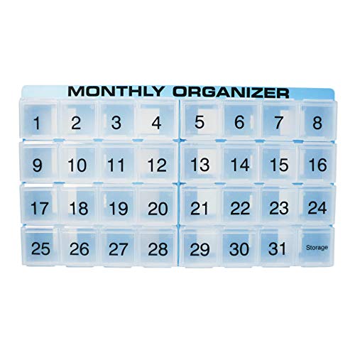 Monthly Pill Organizer | 31 compartments, 1 per Day, 4 Week Full Month 31 Day Pill Organizer | Includes Tray and 8 Removable compartments