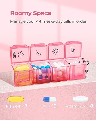 AMOOS Weekly Pill Organizer 4 Times a Day, Portable 7 Day Pill Box with a PU Leather Bag for Travel, Pill Case with Removable Individual Pill Containers to Hold Vitamins, Fish Oils, Supplements, Pink