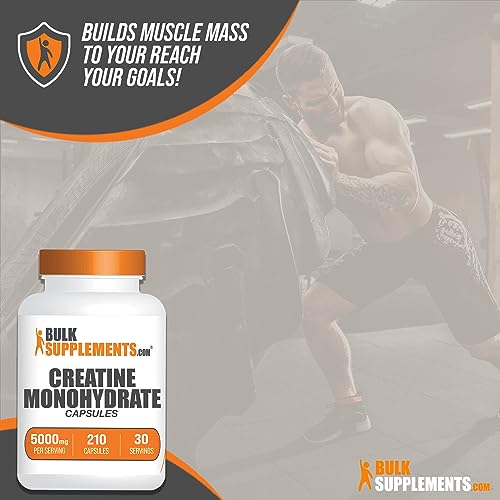 BULKSUPPLEMENTS.COM Creatine Monohydrate Capsules - Micronized Creatine Monohydrate, Vegan Creatine, Creatine Pills - 7 Creatine Capsules per Serving, 5000mg, Gluten Free, 210 Capsules