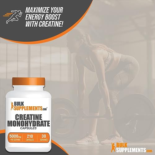 BULKSUPPLEMENTS.COM Creatine Monohydrate Capsules - Micronized Creatine Monohydrate, Vegan Creatine, Creatine Pills - 7 Creatine Capsules per Serving, 5000mg, Gluten Free, 210 Capsules