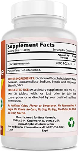 Best Naturals Fast Acting Lactase Enzyme Tablet, 3000 Fcc Alu, 180 Count (859375002900)