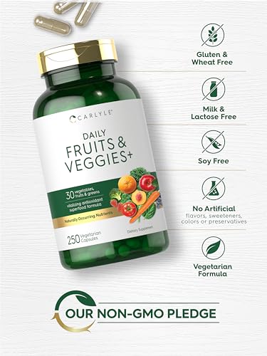 Carlyle Fruits and Veggies Supplement | 250 Capsules | Made with 32 Fruits and Vegetables | Vegetarian, Non-GMO, Gluten Free Superfood Formula