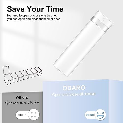 Odaro Weekly Travel Pill Organizer, Small Pill Box 7 Day, Daily Medicine Organizer Box, 7 Compartments to Hold Medicine, Vitamin and Supplement - White