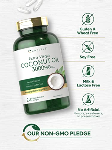 Carlyle Coconut Oil Extra Virgin Softgel Capsules | 3000 mg | 240 Count | Non-GMO and Gluten Free Supplement | Naturally Occurring MCTs