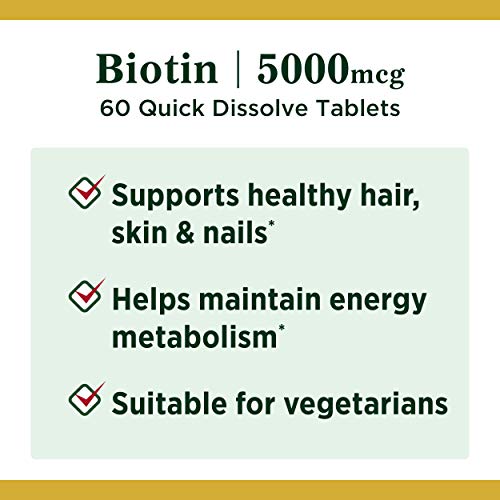 Nature's Bounty Biotin, Vitamin Supplement, Supports Metabolism for Cellular Energy and Healthy Hair, Skin, and Nails, 5000 mcg, 60 Quick Dissolve