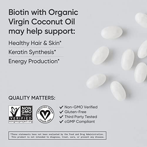 Sports Research Vegan Biotin 5000mcg with Organic Coconut Oil - Extra Strength Biotin Vitamin B7 for Healthier Hair & Skin + Keratin Support - Non-GMO & Gluten Free, 120 Softgels (4 Month Supply)