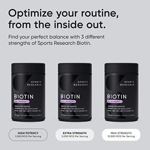 Sports Research Vegan Biotin 5000mcg with Organic Coconut Oil - Extra Strength Biotin Vitamin B7 for Healthier Hair & Skin + Keratin Support - Non-GMO & Gluten Free, 120 Softgels (4 Month Supply)