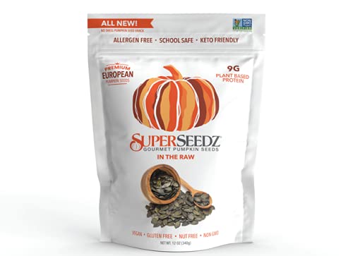 Superseedz Raw Pumpkin Seeds (Pepitas) No Shell | Whole 30, Paleo, Vegan & Keto Friendly | 9g Plant Based Protein | Produced In USA | Nut Free | Fresh Gluten Free Snack | (12 oz Bag)