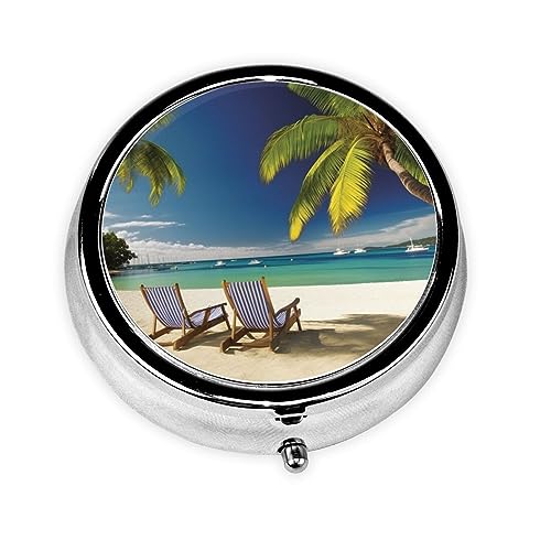 Beach Palm Tree Chairs Boats Print Round Pill Box 3 Compartment Medicine Pill Case Portable Pill Container for Daily Medicine Supplement Vitamin