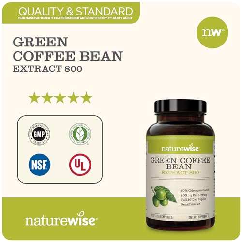 NatureWise Green Coffee Bean 800mg Max Potency Extract 50% Chlorogenic Acids, Raw Green Coffee Antioxidant Support Supplement & Support Healthy Weight Maintenance goals, Non-GMO, (60 Count)