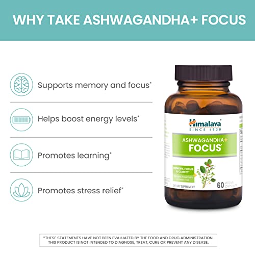 Himalaya Ashwagandha+ Focus with Ashwagandha, Bacopa, Rosemary & Green Tea for Memory, Focus and Clarity, 60 Capsules, 1 Month Supply, Vegan, Gluten Free