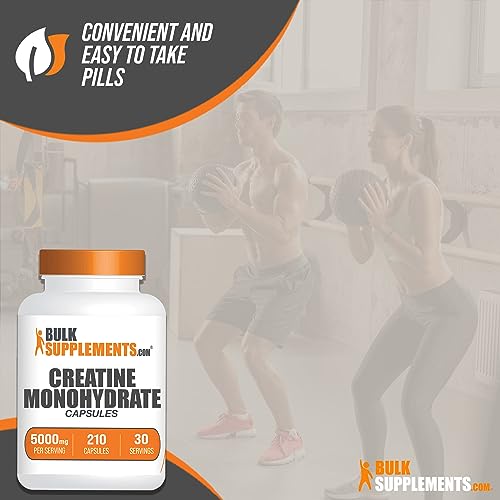 BULKSUPPLEMENTS.COM Creatine Monohydrate Capsules - Micronized Creatine Monohydrate, Vegan Creatine, Creatine Pills - 7 Creatine Capsules per Serving, 5000mg, Gluten Free, 210 Capsules