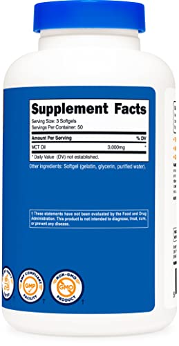 Nutricost MCT Oil Softgels 1000mg, 150 SFG (3,000mg Serv) - Great for Keto, Ketosis, and Ketogenic Diets