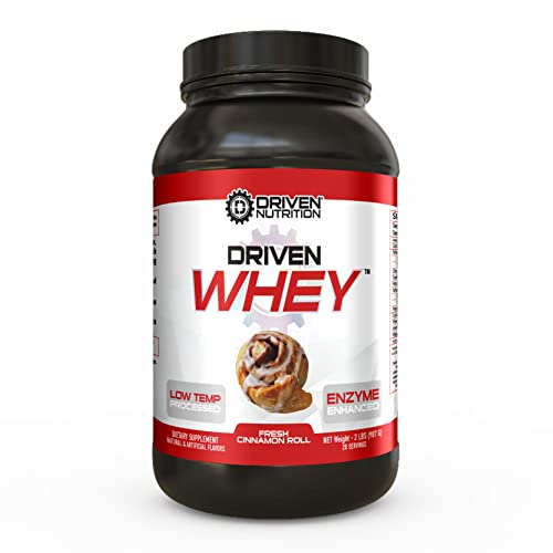 Driven WHEY- Grass Fed Whey Protein Powder: Delicious, Clean Protein Shake- Improve Muscle Recovery with 24 Grams of Protein with Added BCAA and Digestive Enzymes (Fresh Cinnamon Roll, 2 lb)