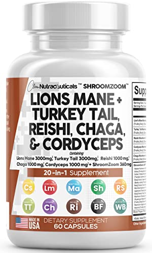 Lions Mane 3000mg 20in1 Mushroom Supplement with Turkey Tail 2000mg Reishi 1000mg Cordyceps Chaga Maitake Meshima Poria Cocos Shiitake Oyster Porcini Enoki Cognitive, Energy, Focus Pills USA