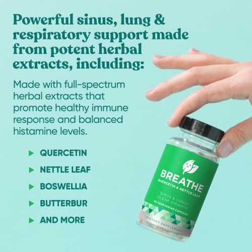 Breathe Inhaler Support Supplement – Sinus, Lungs, Open & Clear Airways – Seasonal Nasal Health, Bronchial Wellness, Healthy Chest – Quercetin, Vitamin D, Bromelain Pills – 60 Vegetarian Soft Capsules