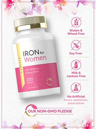 Iron Supplement for Women | 45mg | 200 Slow Release Tablets | Vegetarian, Non-GMO, & Gluten Free | by Carlyle