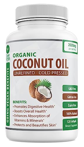 Organic Coconut Oil Capsules 2000mg - 100% Extra Virgin, Cold Pressed for Healthy Skin, Extra Hair Growth, Nail Care, Brain Booster - 120 Softgels - Unrefined Pure & Non GMO Pills - Rich in MCT