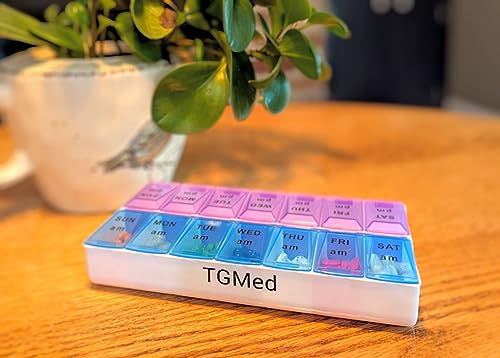 TGMed 7 Day 2 Times a Day Weekly Daily Pill Organizer Easy Open, Color Coded, Braille, Organize Medication or Vitamins for Morning and Bedtime or AM, PM Twice a Day Purple Blue White Pill Box