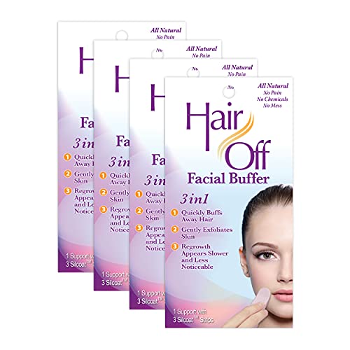 Hair Off Facial Buffer - All-Natural, Pain & Chemical Free Facial Hair Remover - Exfoliates Skin - Hair Inhibitor & Slows Regrowth - Good for Travel & Touch-Ups (3 Buffers Per Box, Pack of 4)