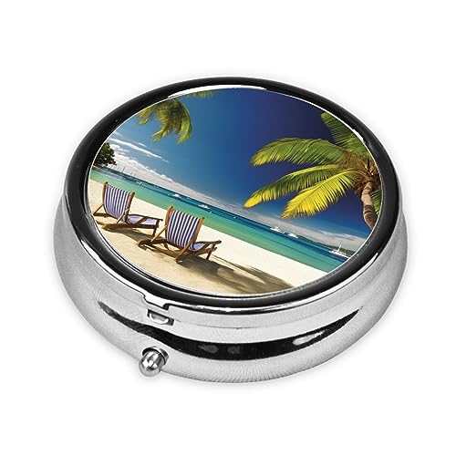 Beach Palm Tree Chairs Boats Print Round Pill Box 3 Compartment Medicine Pill Case Portable Pill Container for Daily Medicine Supplement Vitamin