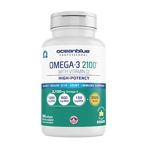 Oceanblue Professional Omega-3 2100 – 180 ct – Triple Strength Burpless Fish Oil Supplement with High-Potency EPA, DHA, DPA and Vitamin D3 – Wild-Caught – Vanilla Flavor (90 Servings)