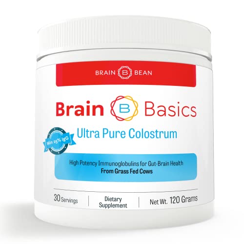 Brain Basics Ultra-Pure Colostrum, 4000mg per Serving, Min 25% IgG antibodies, Gut-Brain-Immune Health, Glowing Hair and Skin. Colostrum Powder from Grass-Fed Cows. 120 Grams - 30 Servings