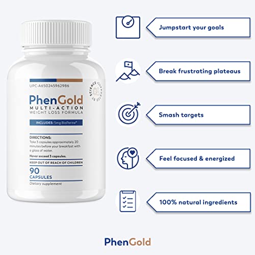 PhenGold Pills, Original Multi-Action Weight Management Formula with Green Tea & Caffeine, Curb Cravings & Feel Fuller for Longer - 90 Capsules