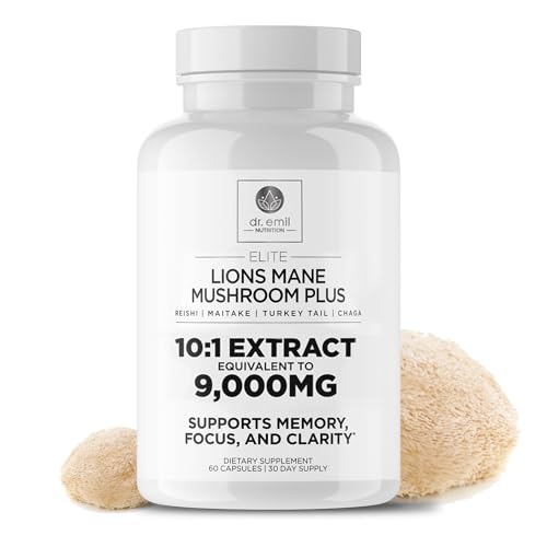 DR EMIL NUTRITION 9000mg Organic Lions Mane Supplement Capsules for Mental Clarity, Focus & Cognitive Support - Brain Boosting Nootropic Mushroom Supplement with Lion's Mane, Chaga, Reishi & Maitake