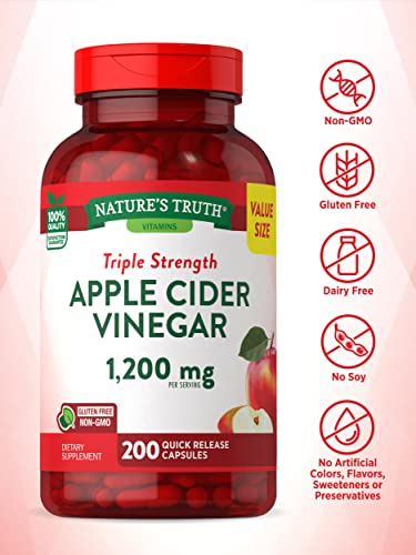 Nature's Truth Apple Cider Vinegar Capsules | 1200mg | 200 Pills | Extra Strength | Value Size | Non-GMO, Gluten Free Supplement