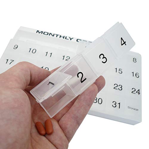 Monthly Pill Organizer | 31 compartments, 1 per Day, 4 Week Full Month 31 Day Pill Organizer | Includes Tray and 8 Removable compartments