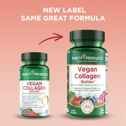 Vegan Collagen Builder - Organic Whole Foods Fruits + Veg, Silica, Lutein, Vitamin C, Biotin, Grape Seed - Amino Acids Glycine, Lysine + Proline Collagen Boosters - Once A Day - 30 Tablets