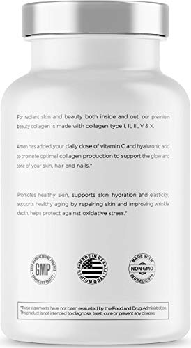 Amen Multi Collagen Peptides Capsules with Hyaluronic Acid and Vitamin C - 5 Types of Collagen Protein Type I, II, III, V, X - Grass Fed - Hydrolyzed - Amino Acids - Collagen Supplement - 90 Pills