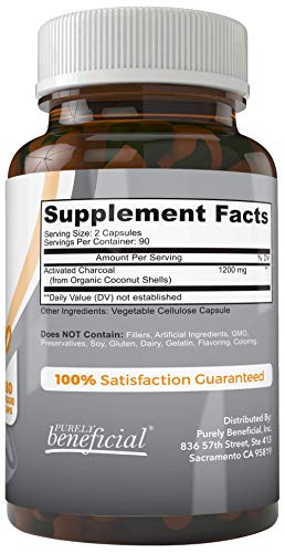 PURELY beneficial Activated Coconut Charcoal 1200mg, 180 Capsules - Pills for Digestive System, Bloating, Vegan (1bottle)