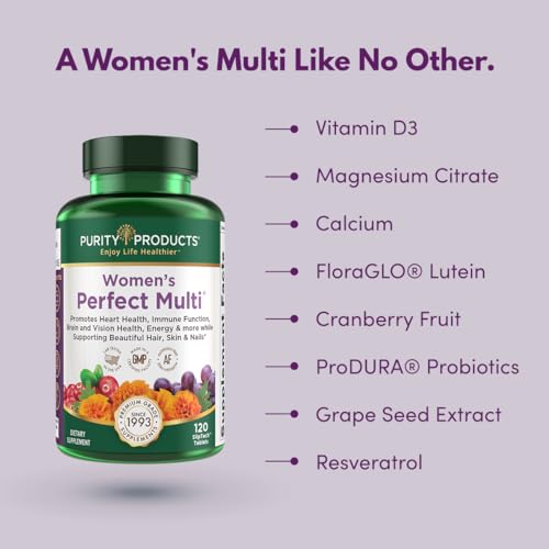 Purity Products Women’s Perfect Multi Balanced Multivitamin - Supports Urinary Tract Health, Immune, Bone + Muscle, Hair, Skin, Nails, an Elite Probiotic for Digestive Health + More - 120 Tablets