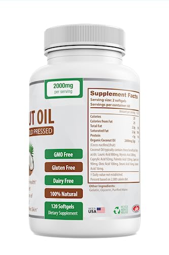 Organic Coconut Oil Capsules 2000mg - 100% Extra Virgin, Cold Pressed for Healthy Skin, Extra Hair Growth, Nail Care, Brain Booster - 120 Softgels - Unrefined Pure & Non GMO Pills - Rich in MCT