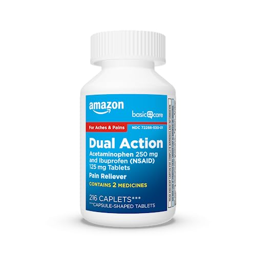 Amazon Basic Care Dual Action Acetaminophen 250 mg and Ibuprofen (NSAID) 125 mg Tablets, Pain Reliever for Headache Relief, Arthritis Pain Relief and More, 216 Count