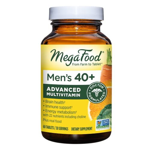 MegaFood Men's 40+ Advanced Multivitamin for Men - Dr-Formulated - Choline, Vitamin B, Vitamin C, Vitamin D, Zinc & Real Food - Brain Health, Immune Support - Vegetarian - 60 Tabs (30 Servings)