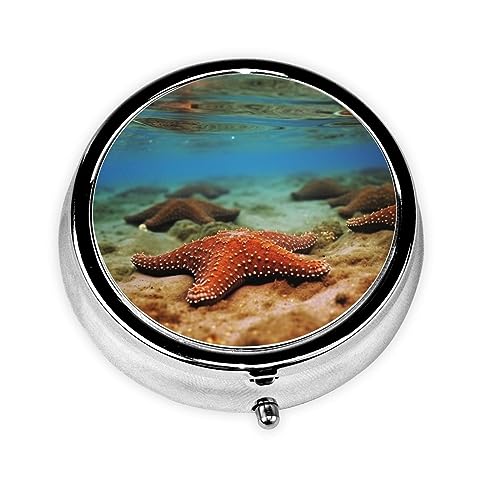 Ocean Starfish Print Round Pill Box 3 Compartment Medicine Pill Case Portable Pill Container for Daily Medicine Supplement Vitamin